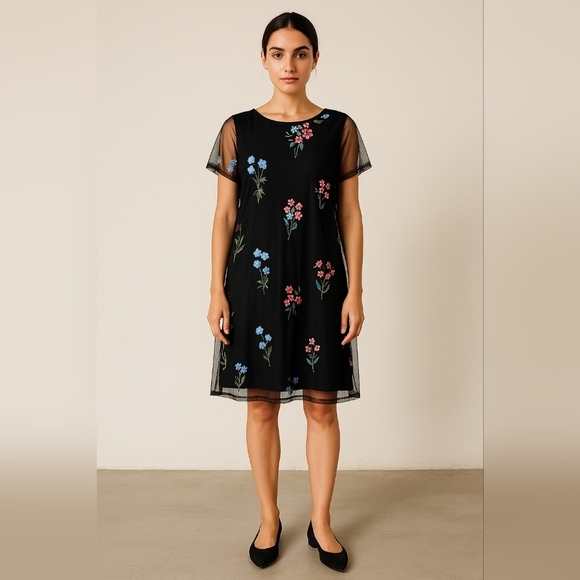 Reitmans Dresses & Skirts - Reitmans Floral Embroidered Black Mesh Dress